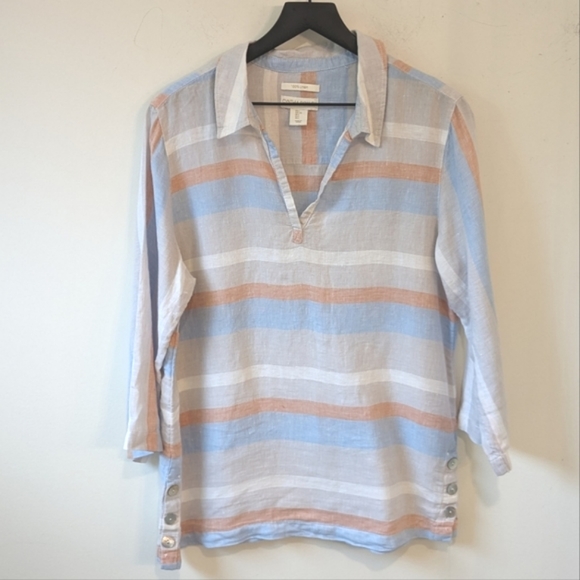 Cynthia Rowley Stripe Linen Beachy Coastal Tunic Top 3/4 Sleeve Shirt - Picture 1 of 5